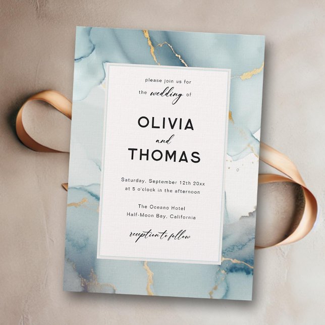 Invitation Dusty Blue Modern Frame Elegant Chic Beach Wedding (dusty blue wedding invitation beach waves gold modern elegant bohemian romantic chic calligraphy)