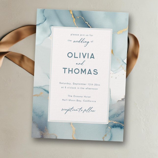 Invitation Dusty Blue Modern Frame Elégant Turquoise Plage Ma (dusty blue beach wedding invitation gold waves modern frame elegant bohemian romantic calligraphy )