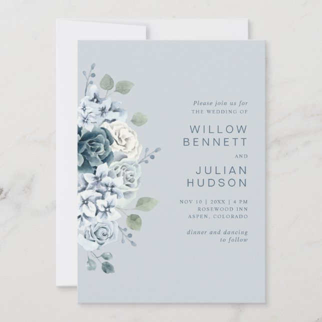 Invitation Dusty Blue Moderne Aquarelle Mariage Floral (Devant)