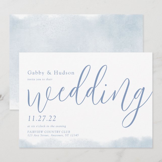 Invitation Dusty Blue Moderne Aquarelle Typographie Mariage (Devant / Derrière)