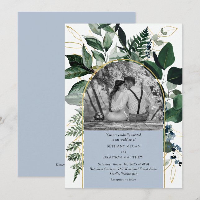 Invitation Dusty Blue moderne arch jardin photo mariage (Devant / Derrière)