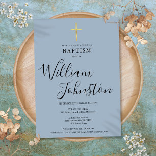 Invitation Dusty Blue Moderne Baptême Christening Gold Cross