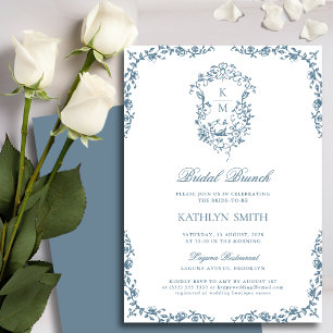 Invitation Dusty Blue Monogram Floral Vintage Bridal Brunch