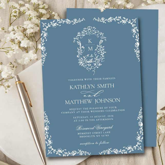 Invitation Dusty Blue Monogram Floral Vintage Crest Mariage (Créateur téléchargé)