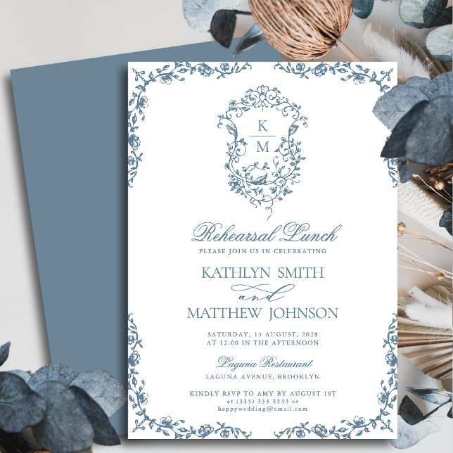 Invitation Dusty Blue Monogram Floral Vintage Rehearsal Déjeu (Créateur téléchargé)