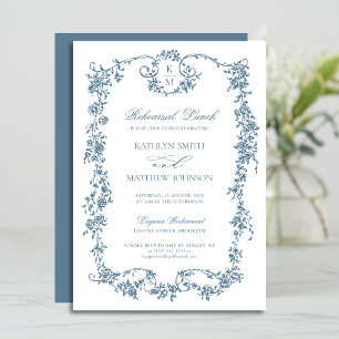 Invitation Dusty Blue Monogram Vintage cadre de répétition dé