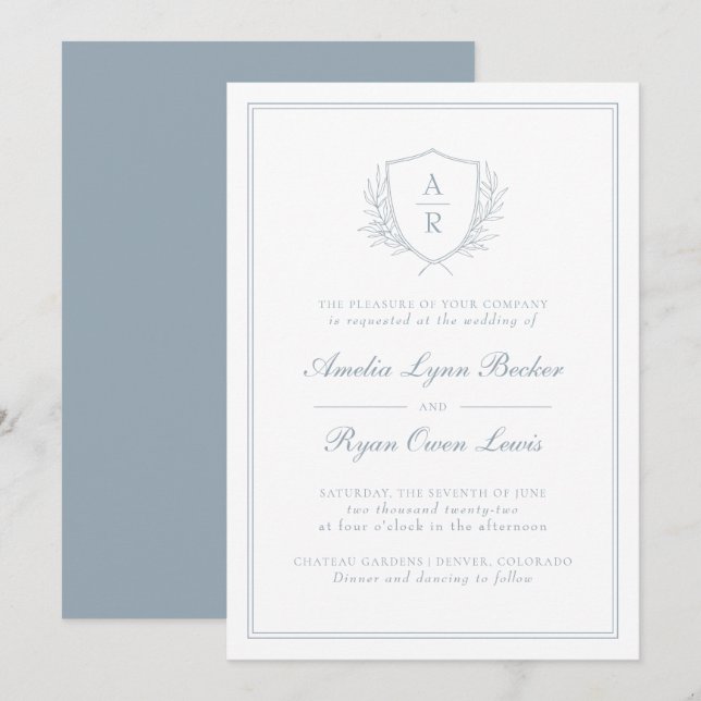 Invitation Dusty Blue Monogramme Mariage (Devant / Derrière)
