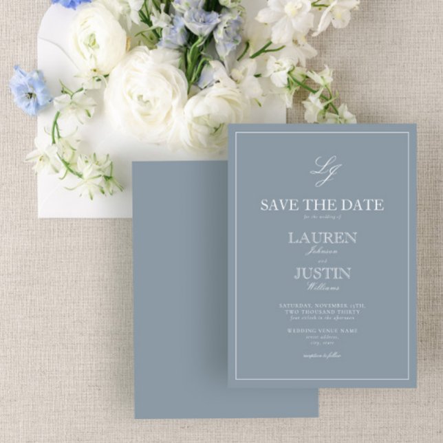 Invitation Dusty Blue Monogramme moderne Script Enregistrer l (Créateur téléchargé)