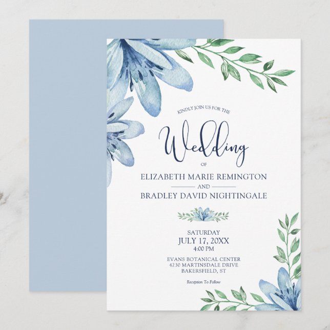Invitation Dusty Blue & Navy Blue Blooms Mariage (Devant / Derrière)