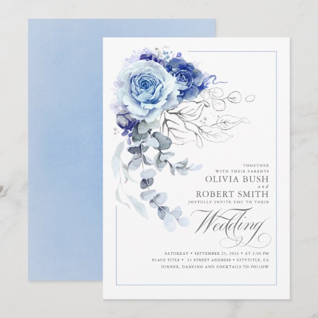 Invitation Dusty Blue & Navy Blue Boho Silver Floral Mariage (Devant / Derrière)