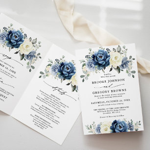 Invitation Dusty Blue Navy Champagne Ivory Floral Mariage