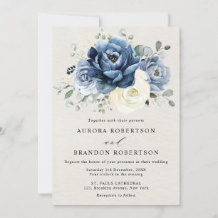 Invitation Dusty Blue Navy Champagne Ivory Floral Mariage Inv