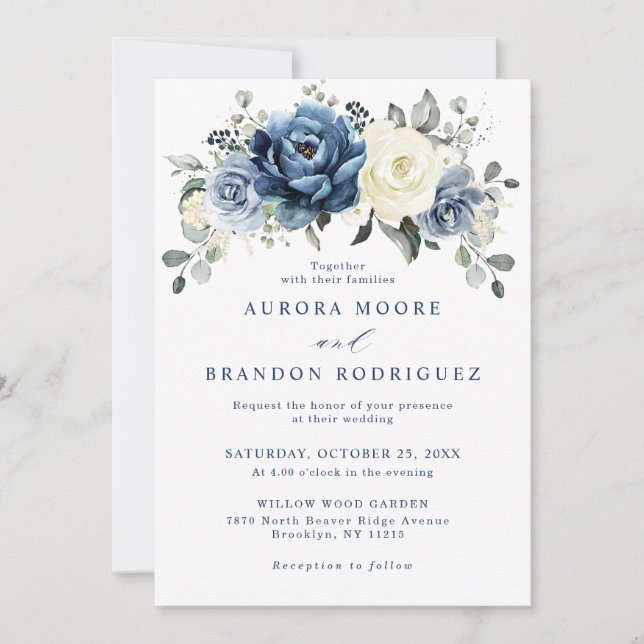 Invitation Dusty Blue Navy Champagne Ivory Floral Mariage Inv (Devant)