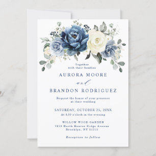 Invitation Dusty Blue Navy Champagne Ivory Floral Mariage Inv