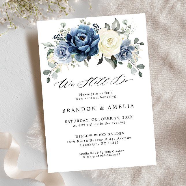 Invitation Dusty Blue Navy Champagne Ivory Floral Nous le fai (Dusty Blue Navy Champagne Ivory Floral We still do Invitation)
