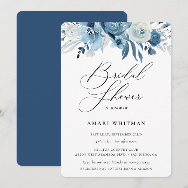 Invitation Dusty Blue Navy Fête des mariées florale (Devant / Derrière)