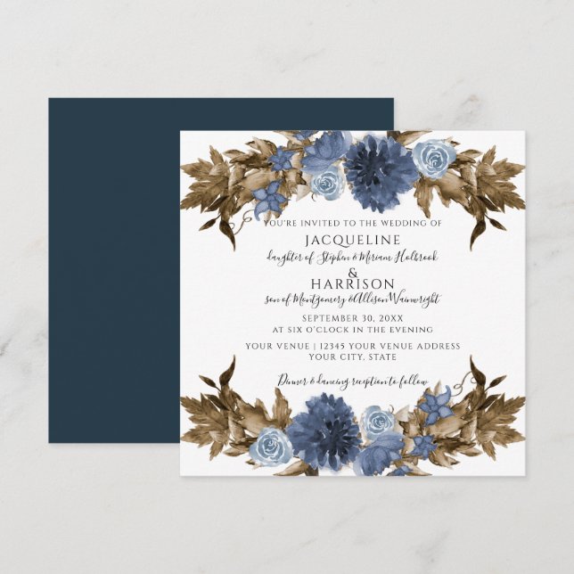 Invitation Dusty Blue Navy Floral Fall Brown Foliing Mariage (Devant / Derrière)