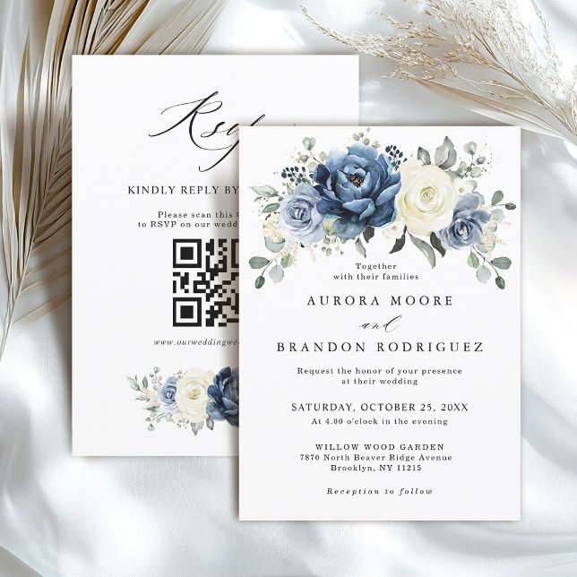 Invitation Dusty Blue Navy Ivory Floral Boho Mariage QR Code (Dusty Blue Navy Ivory Floral Boho Wedding QR Code Invitation)