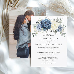 Invitation Dusty Blue Navy Ivory Floral Boho Mariage QR Code