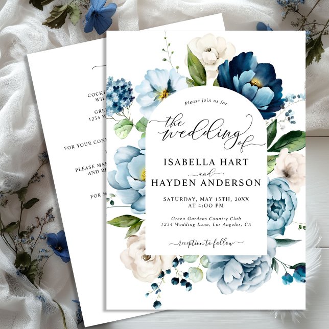 Invitation Dusty Blue Navy Peony All In 1 QR Code Mariage (Créateur téléchargé)