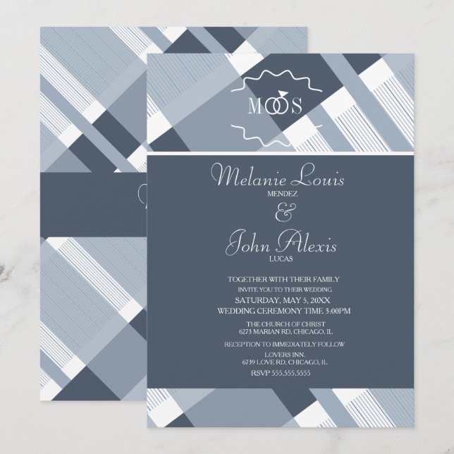 Invitation Dusty Blue Navy Plaid White Ring Logo Mariage (Devant / Derrière)