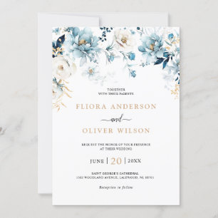 Invitation Dusty Blue Navy White Ivory Gold Floral Mariage