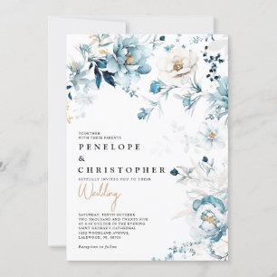 Invitation Dusty Blue Navy White Ivory Gold Floral Mariage da