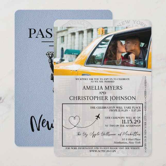 Invitation Dusty Blue New York City Passport Mariage (Devant / Derrière)