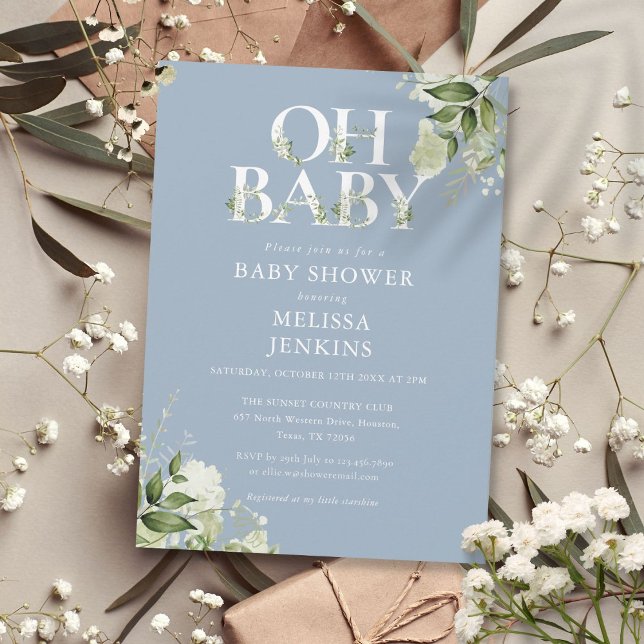 Invitation Dusty Blue Oh Baby Botanical Green Baby shower (Dusty Blue Oh Baby Botanical Greenery Baby Shower Invitation)