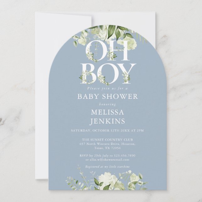 Invitation Dusty Blue Oh Boy Boy Baby shower de verdure botan (Devant)