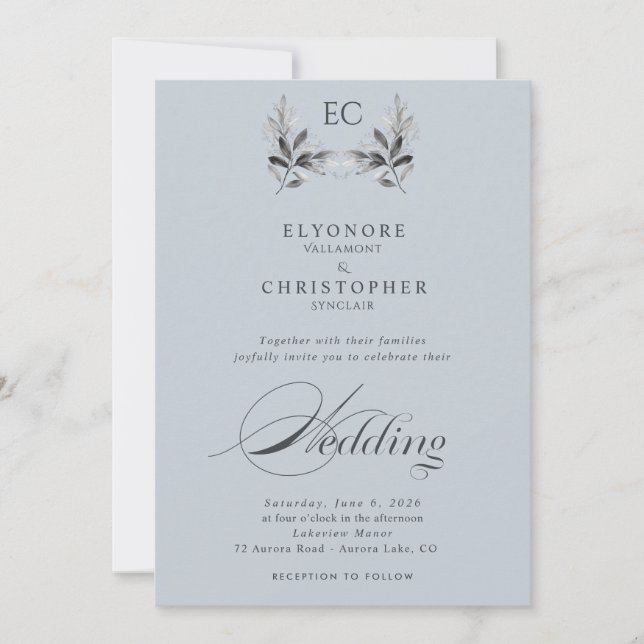 Invitation Dusty Blue Olive Branch Monogram Photo Wedding  (Devant)