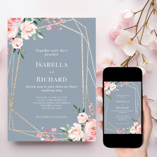Invitation Dusty Blue Or Floral rose pâle MARIAGE