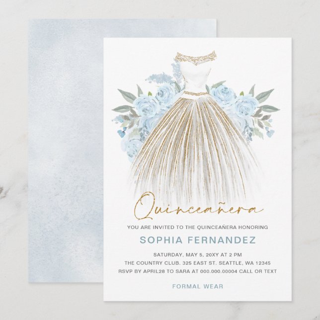 Invitation Dusty Blue or parties scintillant Floral Robe Quin (Devant / Derrière)