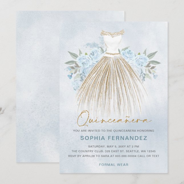 Invitation Dusty Blue or parties scintillant Floral Robe Quin (Devant / Derrière)