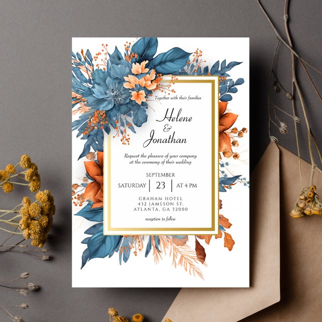 Invitation Dusty Blue Orange Terracotta Boho Elégant Mariage (Dusty Blue Orange Terracotta Boho Elegant Wedding Invitation)