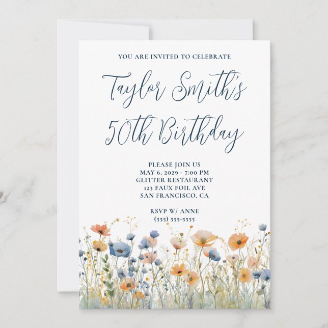 Invitation Dusty Blue Peach Fleurs sauvages 50e anniversaire (Devant)