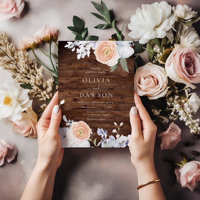 Invitation Dusty Blue & Peach Rustic Wood Mariage (Créateur téléchargé)
