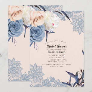 Invitation Dusty Blue & Pêche Broderie de Dentelle pour une B