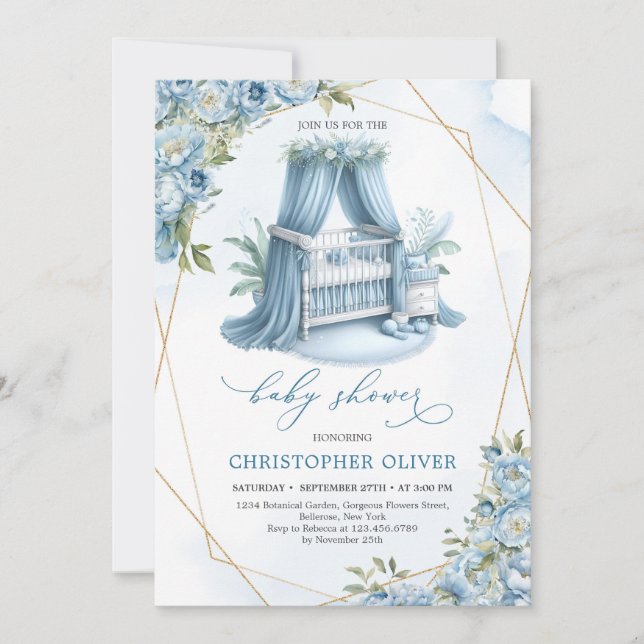 Invitation Dusty blue peonies baby crib gold frame boy  (Devant)