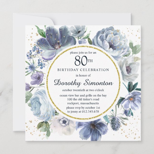 Invitation Dusty Blue Peony Floral 80e fête d'anniversaire (Devant)