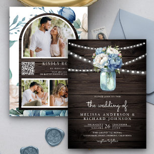 Invitation Dusty Blue Peony Mason Jar QR Code Mariage en bois