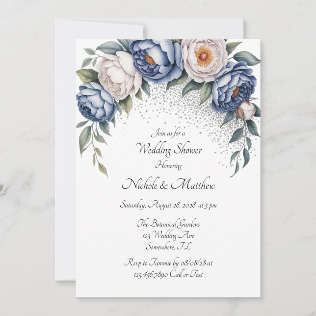 Invitation Dusty Blue Peony Rose et Wedding shower Parties sc (Devant)