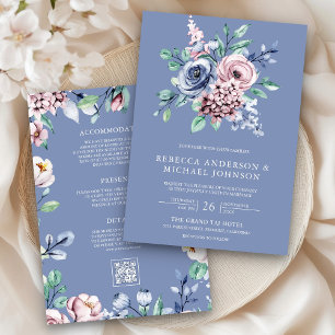 Invitation Dusty Blue Periwinkle rose Floral QR Code Mariage