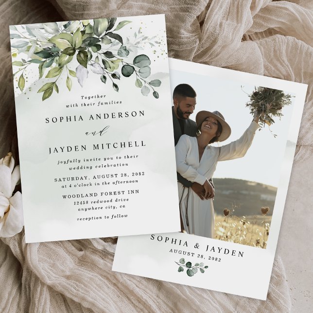 Invitation Dusty Blue Photo Greenery Airy Elegant Wedding (Créateur téléchargé)
