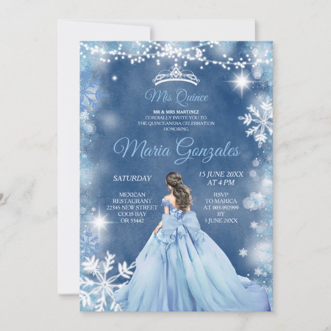 Invitation Dusty Blue Princess White Winter Mis Quince (Devant)