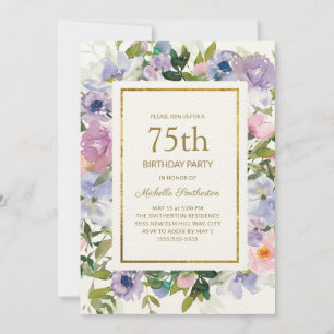 Invitation Dusty Blue Purple Floral Gold 75e anniversaire