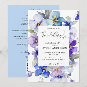 Invitation Dusty Blue Purple Floral Tout en 1 QR Code Mariage