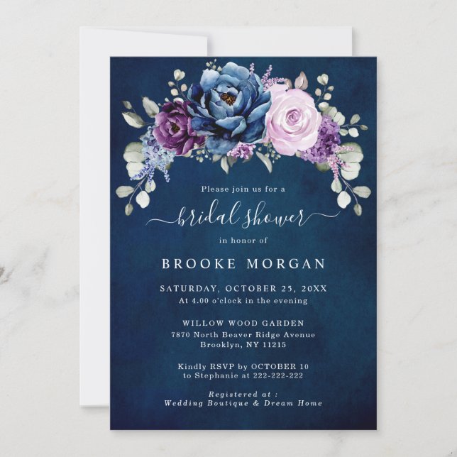 Invitation Dusty Blue Purple Navy Lilac Blooms Fête des marié (Devant)