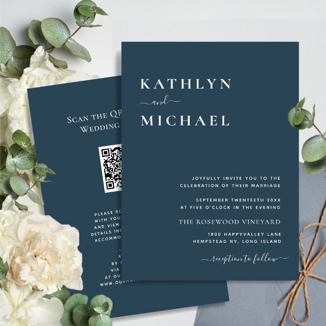 Invitation Dusty Blue QR Code Tout en un Mariage moderne chic (Créateur téléchargé)