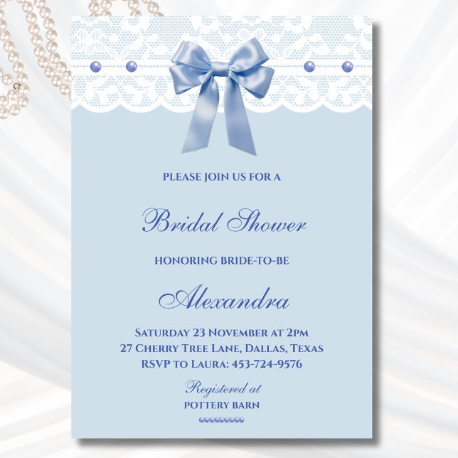Invitation Dusty Blue Regency Bow Pearl Lace Fête des mariées (Créateur téléchargé)